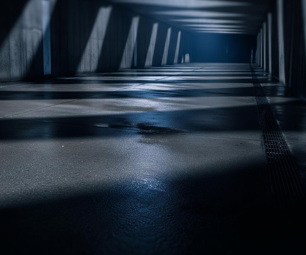 Przedstawiony jest długi, betonowy tunel lub przejście, z widocznym na pierwszym planie mokrym, szarym chodnikiem. Światło wpada z góry, tworząc długie, ukośne pasy na ścianach i podłodze, przechodząc od jasnych błękitnych odbić w kałużach do głębokiego cienia. W oddali tunel zwęża się, a jego koniec rozjaśnia się delikatnym, niebieskawym blaskiem, podkreślając perspektywę. Po prawej stronie, wzdłuż podłogi, ciągnie się metalowa kratka odpływowa.