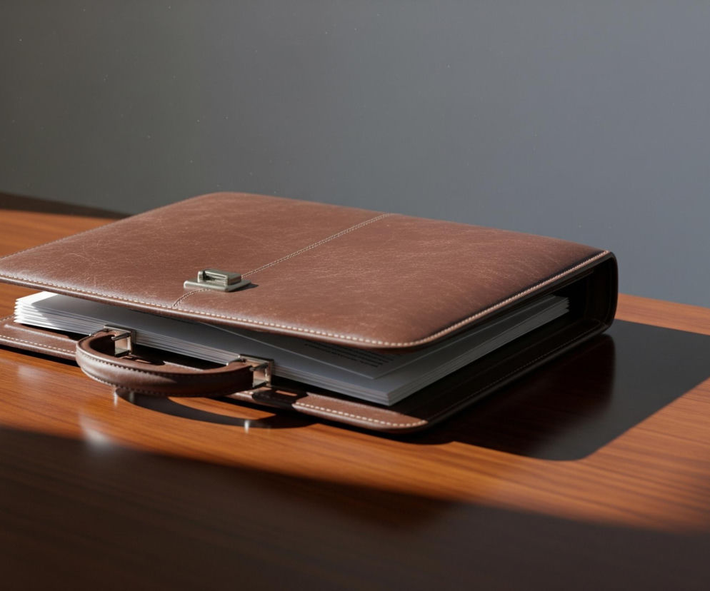 Na obrazie centralnie umieszczona jest otwarta brązowa teczka ze skóry, wypełniona białymi kartkami papieru. Skórzana powierzchnia teczki ma widoczne przeszycia i metalowe zapięcie oraz rączkę, obie w srebrzystym odcieniu. Obiekt leży na błyszczącym, drewnianym blacie o ciepłym, rudobrązowym kolorze, z wyraźnymi słojami. Lewa część teczki i blatu jest silnie oświetlona, co tworzy wyraźny cień po prawej stronie obu przedmiotów, a także na tle, które jest jednolite, szaroniebieskie i częściowo rozświetlone. W powietrzu widoczne są drobne, świetliste punkciki.