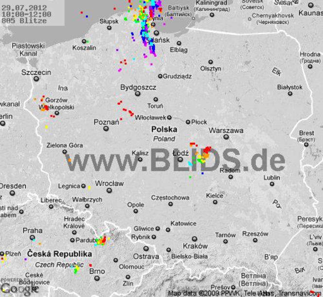 Burze w Polsce, 29.07.2012 - MAPA z godz. 10 - 12