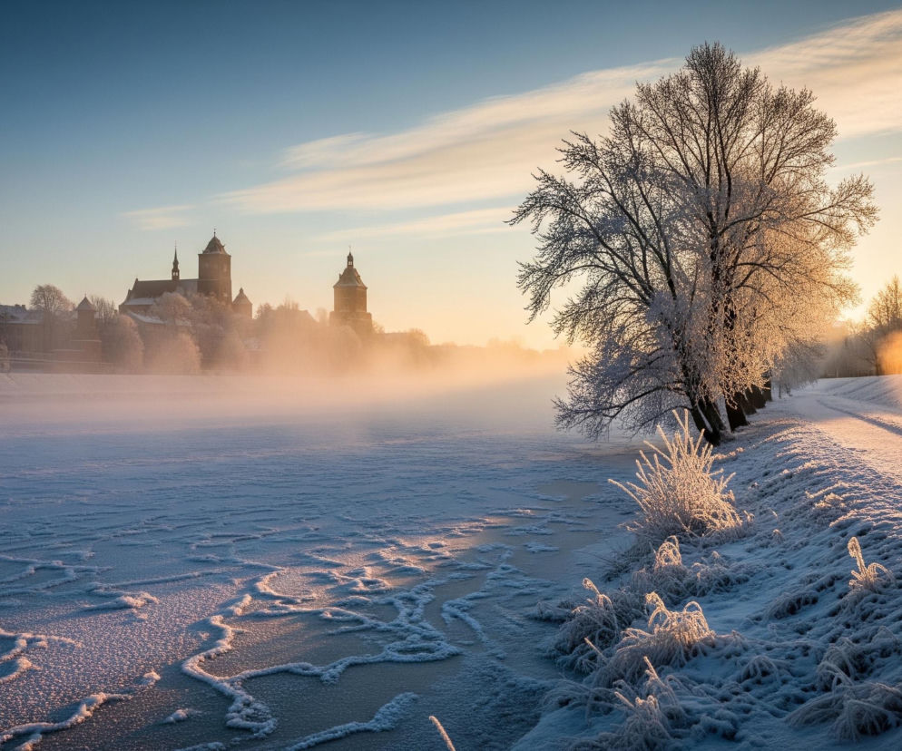 Osobnik w ciemnym, zimowym ubraniu, z plecakiem, idzie po ośnieżonej ścieżce, z długim cieniem rzucanym w kierunku widza. Droga biegnie wzdłuż zamarzniętej rzeki, której powierzchnia pokryta jest szronem tworzącym nieregularne wzory, a nad nią unosi się gęsta, biała mgła. Po lewej stronie rzeki widać zarys zabytkowych budowli, w tym wysokich wież i kościołów, również częściowo zasłoniętych mgłą. Po prawej stronie drogi, wzdłuż koryta rzeki, rosną drzewa i krzewy gęsto pokryte szadzią, intensywnie rozświetlone promieniami zachodzącego słońca, które maluje niebo w odcieniach błękitu i złota.