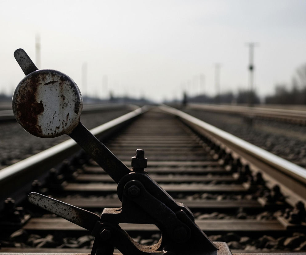 Na pierwszym planie, w centralnej części zdjęcia, znajduje się zardzewiała, metalowa dźwignia rozjazdu kolejowego, częściowo pokryta białą farbą i rdzawymi plamami. Element ten jest ostry, kontrastując z rozmytym tłem. W tle rozciągają się dwa równoległe tory kolejowe, z widocznymi podkładami i kamiennym podsypem, zbiegające się w oddali pod jasnym, zamglonym niebem. Po obu stronach torów widać niewyraźne sylwetki drzew i słupów telegraficznych, tworząc wrażenie głębi i przestrzeni.