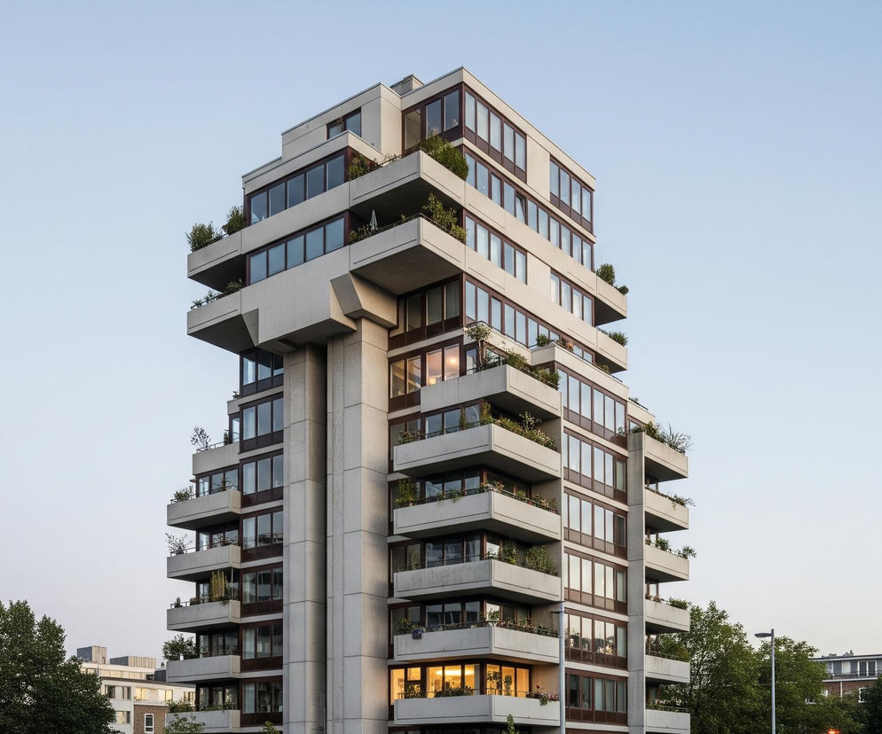 Wysoki, wielopiętrowy budynek o nowoczesnej architekturze z wyraźnie zarysowanymi, wystającymi balkonami dominuje centrum obrazu. Konstrukcja budynku jest w odcieniach szarości, z ciemnobrązowymi ramami okien i licznymi przeszkleniami, które odbijają światło. Na balkonach i tarasach widać zielone rośliny, krzewy i drzewka, a w dolnej części budynku jedno okno świeci ciepłym, pomarańczowym światłem. Po bokach budynku i w tle widoczne są fragmenty innych budynków oraz korony drzew, natomiast nad wszystkim rozpościera się jasne, bezchmurne niebo.