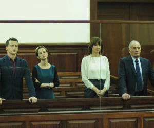 Pierwsza miłość. Sabina (Urszula Dębska), Natan (Krzysztof Kwiatkowski), Grażyna (Grażyna Wolszczak), Karol Weksler (Karol Strasburger)