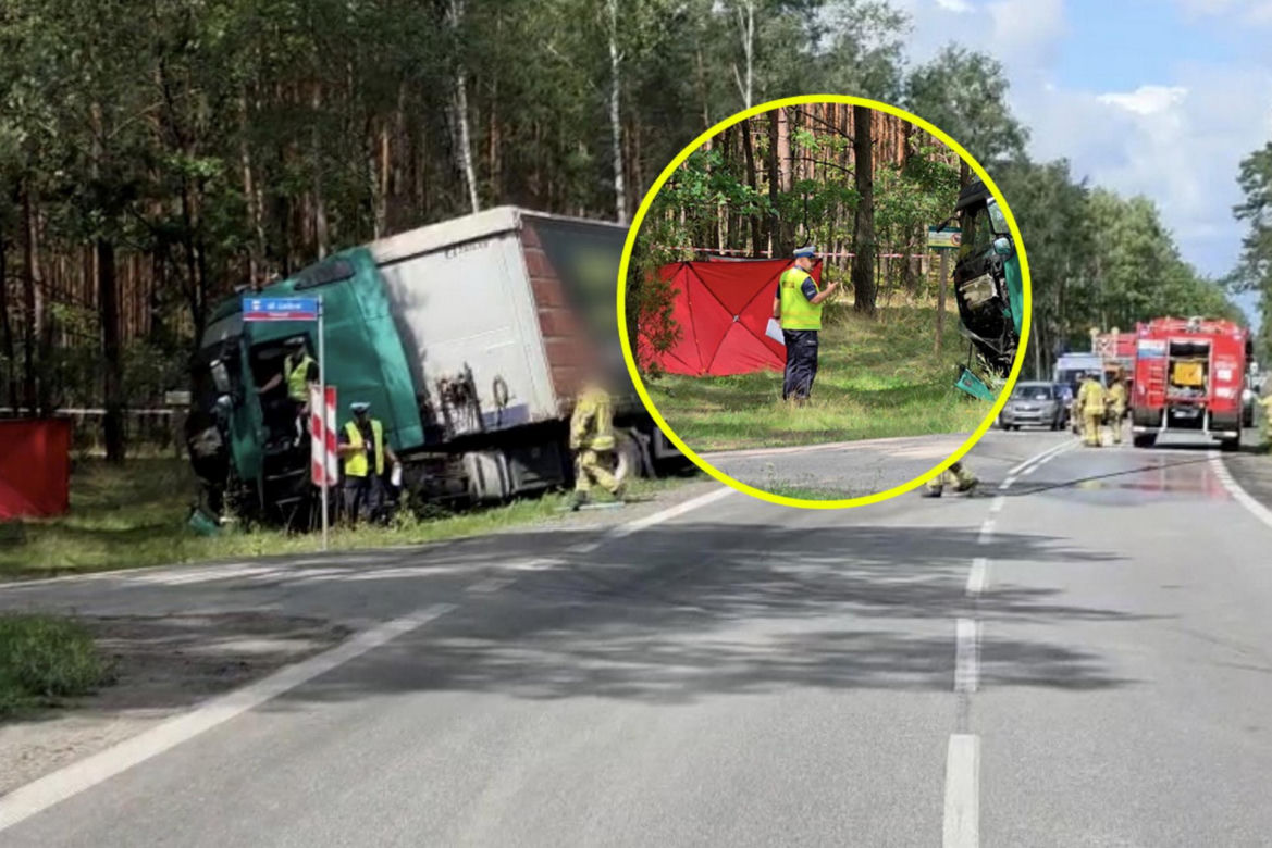 Zjechał ze swojego pasa prosto pod ciężarówkę, zginął na miejscu. Tragedia na DK 62 pod Wyszkowem