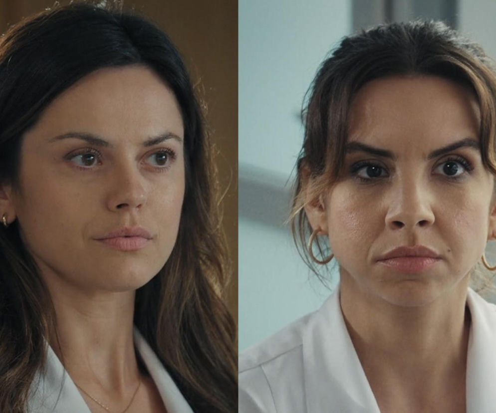 Dwie kobiety, Aneta (Ilona Janyst) i Kasia (Paulina Lasota) z serialu M jak miłość, w zbliżeniu na twarzach, z poważnymi wyrazami, po prawej z kolczykami kółkami, po lewej z delikatnymi kolczykami sztyftami. Ich dyskusja o Mariuszu i intrygach jest kluczowa dla fabuły. Dowiedz się więcej na Super Seriale.