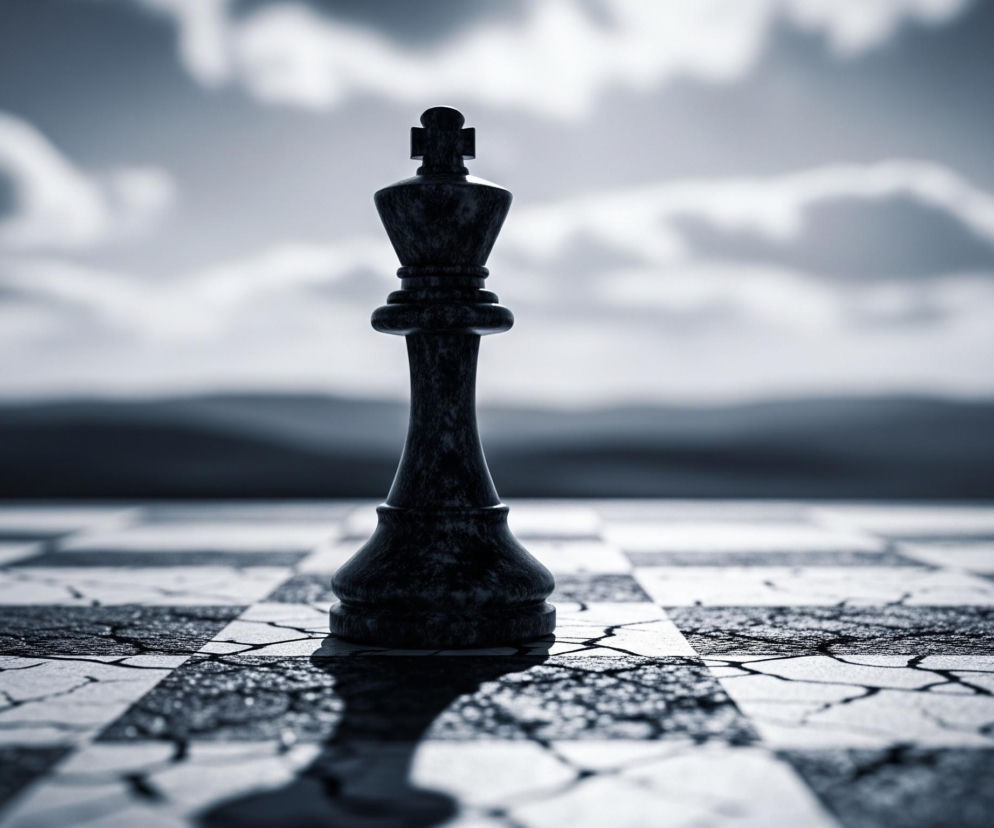 Centralnie umieszczona jest czarna figura króla szachowego, wykonana z materiału przypominającego kamień z delikatnymi jaśniejszymi żyłkami, stojąca na szachownicy. Szachownica ma popękane, chropowate pola w odcieniach szarości i bieli, z wyraźnymi pęknięciami i nierównościami. Na tle rozmytego, jasnego nieba z białymi chmurami, widać ciemne, rozmyte wzgórza horyzontu. Całość jest utrzymana w monochromatycznej tonacji, z dominującymi odcieniami szarości i błękitu.