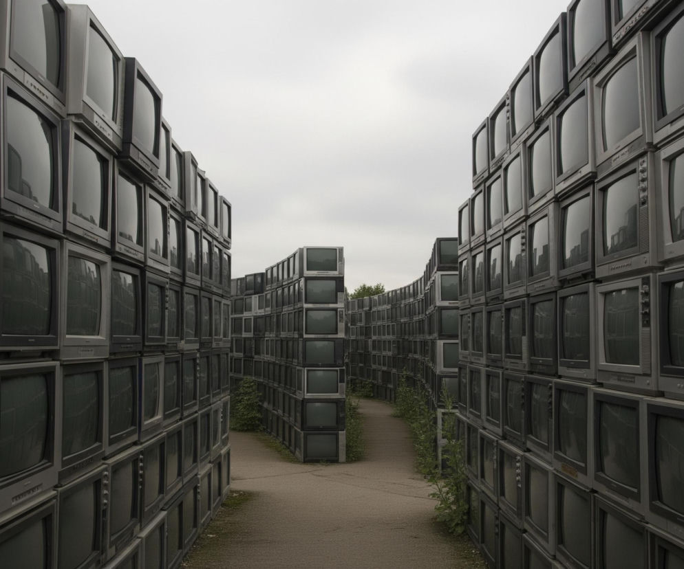 Dwie wysokie ściany zbudowane z wielu starych telewizorów kineskopowych, ułożonych jeden na drugim i obok siebie, tworzą wąski, kręty korytarz. Telewizory są w różnych odcieniach szarości i czerni, a ich ekrany, czarne i wyłączone, odbijają światło pochmurnego nieba oraz fragmenty otoczenia. Droga na pierwszym planie ma kolor piasku, a wzdłuż ścian, u ich podstawy, rosną pojedyncze zielone krzewy i chwasty. Nad całą sceną rozciąga się jasne, szare niebo, widoczne w przestrzeni między szczytami ścian telewizorów.