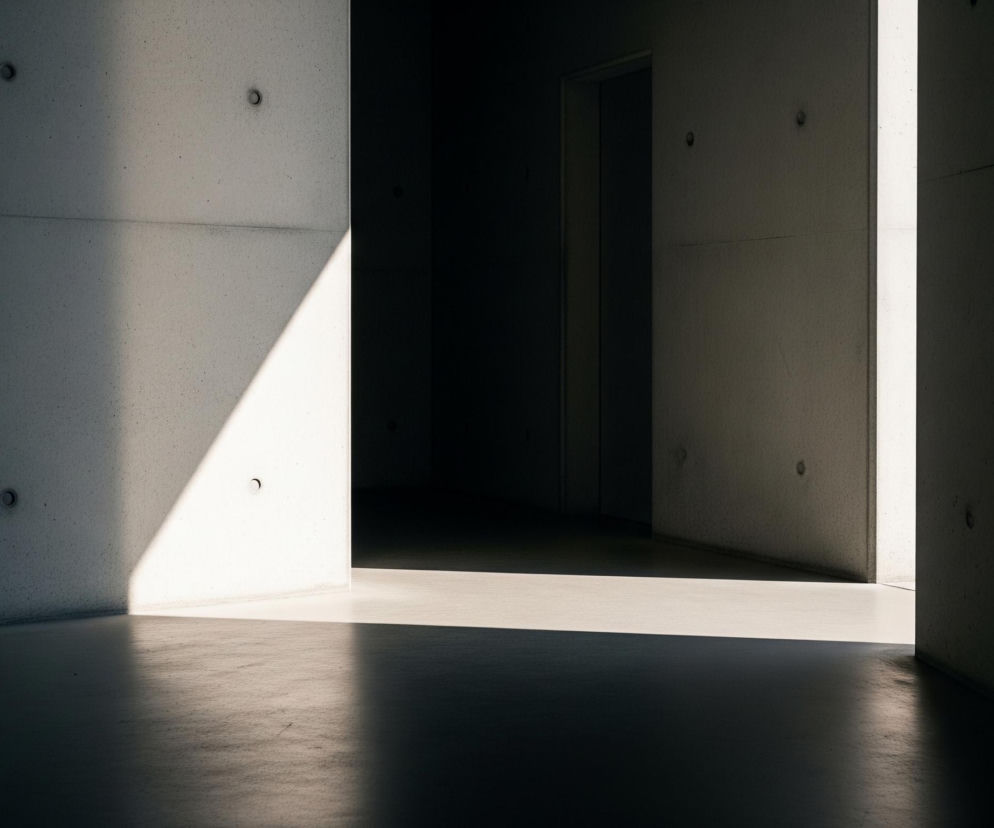 Wnętrze pomieszczenia z betonowymi ścianami i podłogą, oświetlone ostrym, skośnym światłem słonecznym. Duży trójkątny obszar jasnego światła pada na lewą ścianę, przechodząc w jaśniejszy pasek na podłodze, a reszta kadru jest pogrążona w głębokim cieniu. Na lewej, oświetlonej ścianie widoczne są dwa okrągłe, ciemne otwory oraz pozioma linia podziału betonu. W centrum kadru znajduje się ciemne przejście lub wnęka, a po prawej stronie pionowy fragment ściany również jest zacieniony.