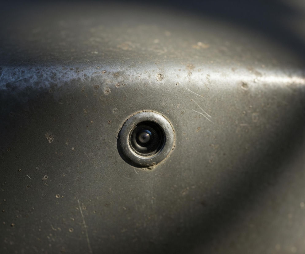 Centralnym punktem obrazu jest mały, okrągły obiektyw wtopiony w szarą, metaliczną powierzchnię. Obiektyw otoczony jest grubą, czarną ramką, z widocznymi drobnymi zanieczyszczeniami lub kurzem w jej zagłębieniu. Powierzchnia jest matowa, chropowata, z licznymi rysami i przetarciami, a także jaśniejszymi plamami sugerującymi nalot lub osad. Prawa dolna część obrazu jest zacieniona, a na powierzchni widać odbicia światła, tworzące jasne pasma i punkty.