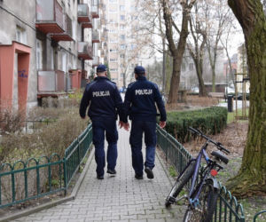 policjanci kontrolują przestrzeganie obostrzeń sanitarnych