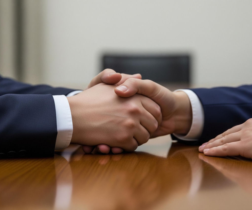 Dwie osoby w marynarkach, prawdopodobnie garniturach, uściskają sobie dłonie nad brązowym, błyszczącym stołem. Uścisk dłoni jest centralnym elementem obrazu, dłonie są jasnoróżowe, z widocznymi paznokciami, a białe mankiety koszul wystają spod ciemnoniebieskich rękawów marynarek. Tło jest rozmyte, ale widać jasnoszarą ścianę i ciemne, niewyraźne kształty przedmiotów, prawdopodobnie krzeseł.