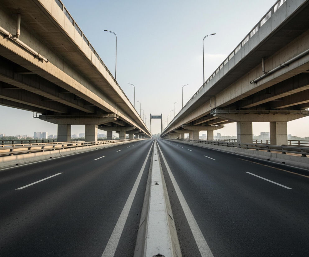 Czarna asfaltowa droga ekspresowa biegnie prostolinijnie w dal, dzielona białym pasem rozdzielającym na dwa pasy ruchu w każdym kierunku. Nad drogą wznoszą się symetrycznie dwa betonowe wiadukty, tworząc tunel architektoniczny, z licznymi szarymi rurami i belkami widocznymi pod spodem. W oddali, na horyzoncie, rysują się kontury miejskiej zabudowy z licznymi wieżowcami, natomiast błękitne niebo rozciąga się nad całością, przechodząc w jaśniejsze odcienie przy horyzoncie.