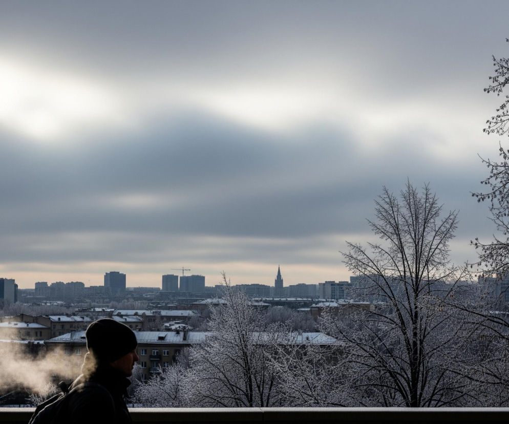 Na pierwszym planie widoczna jest sylwetka osoby w czarnej czapce i kurtce, której z ust wydobywa się biała para, co świadczy o niskiej temperaturze. Osoba ta patrzy w prawo, a jej twarz jest częściowo oświetlona, natomiast tył głowy i bark pozostają w cieniu. W tle rozciąga się miejski krajobraz z licznymi budynkami, w tym wieżowcami o ciemnych fasadach, a także spiczastym dachem jednego z nich wyróżniającym się na horyzoncie. Drzewa na drugim planie i w oddali pokryte są szronem, co nadaje im srebrzysty odcień, a ich nagie gałęzie tworzą skomplikowane wzory. Niebo jest pochmurne, z jasnym pasmem jaśniejszych chmur w centrum, które przechodzi w ciemniejsze szarości.