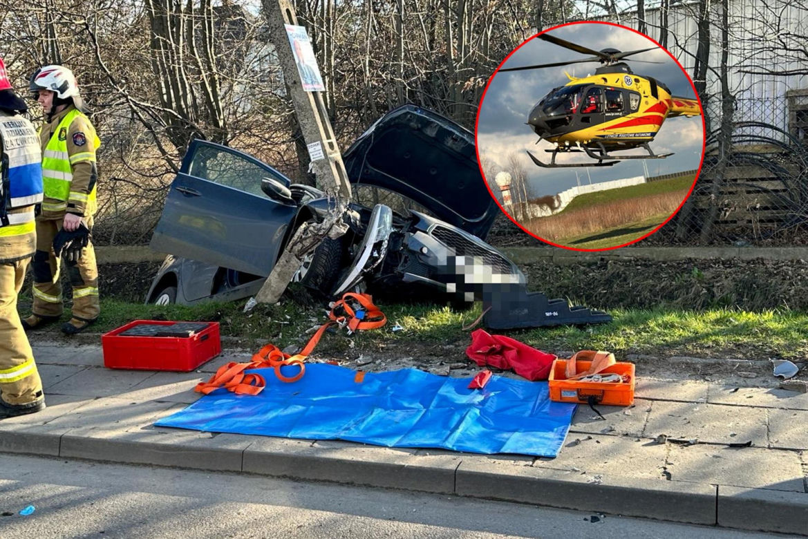 Huknął w słup i wpadł do rowu. Na miejscu lądował śmigłowiec ratunkowy