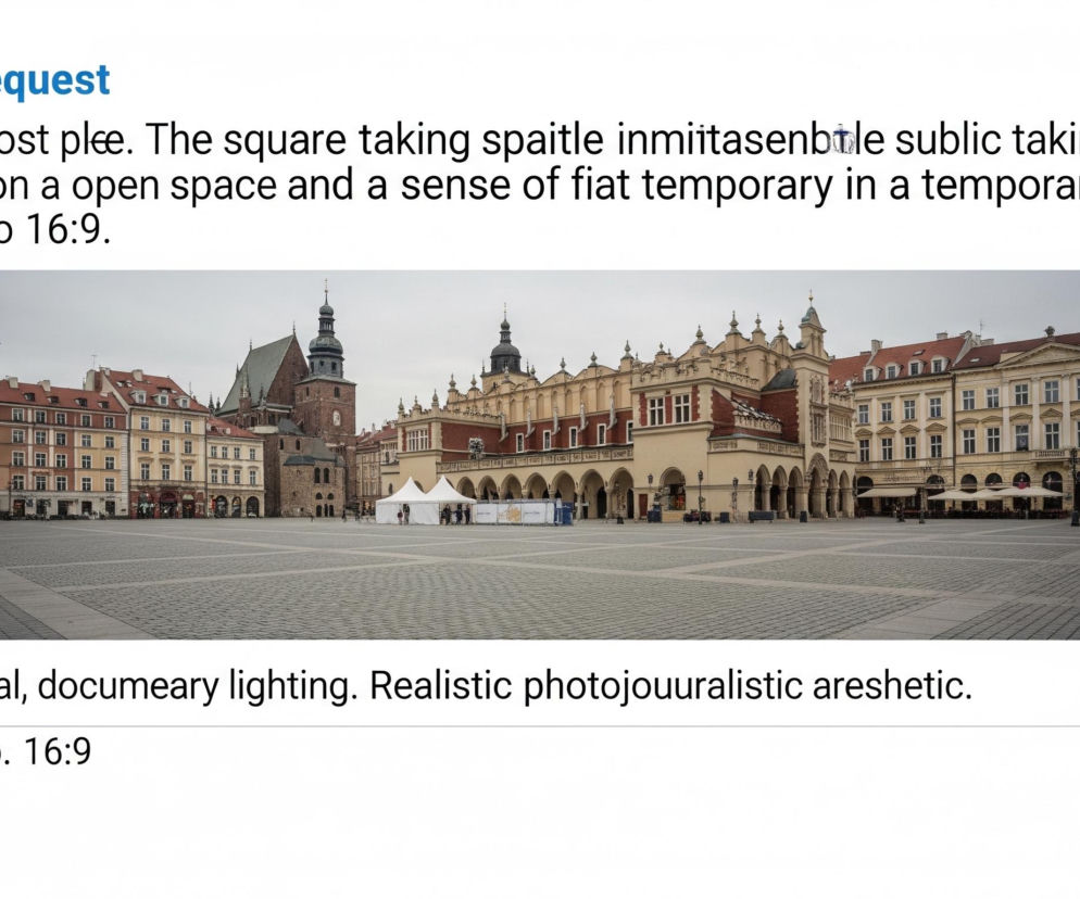 Pusta, duża miejska powierzchnia wyłożona szarymi kostkami brukowymi rozciąga się w kierunku zabytkowych budynków. W centralnej części placu widoczne są Sukiennice z charakterystycznymi arkadami, jasnobrązowymi ścianami i czerwonymi dachami, otoczone z trzech stron wielopiętrowymi kamienicami o różnorodnych fasadach w odcieniach beżu, żółci i czerwieni. Po lewej stronie wznosi się wysoka wieża z zegarem, a po prawej stronie Sukiennic widoczna jest ciemna, gotycka budowla kościoła z ostrym dachem i spiczastymi wieżami. Przed Sukiennicami ustawione są białe namioty eventowe oraz parasole kawiarniane, a na tle szarego, zachmurzonego nieba plac wydaje się być słabo oświetlony.