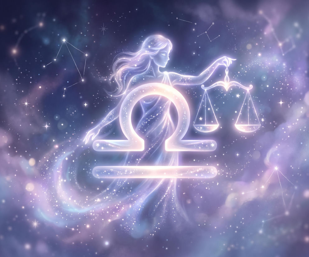 Świecący znak zodiaku Wagi na tle gwieździstego nieba i sylwetki kobiety. Horoskop dla Wagi sprawdzisz na Eska.