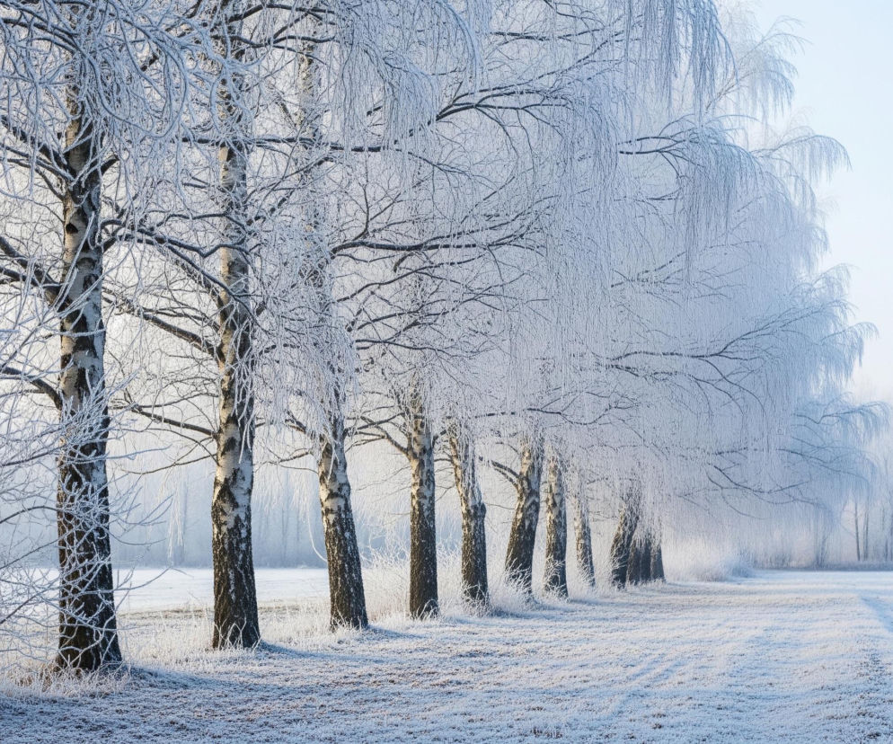 Rząd drzew z białymi, ośnieżonymi gałęziami dominuje na pierwszym planie, biegnąc od lewej strony obrazu w głąb perspektywy. Pnie drzew są ciemne, kontrastujące z jasnym, mroźnym nalotem pokrywającym ich gałęzie i drobne gałązki. Krajobraz pokryty jest grubą warstwą śniegu lub szronu, tworząc równinę rozciągającą się po prawej stronie. Na odległym planie widać zarysy kolejnych drzew, również pokrytych białym szronem, a jasne, bladoniebieskie niebo rozciąga się nad całą sceną, tworząc zimowy, spokojny widok.