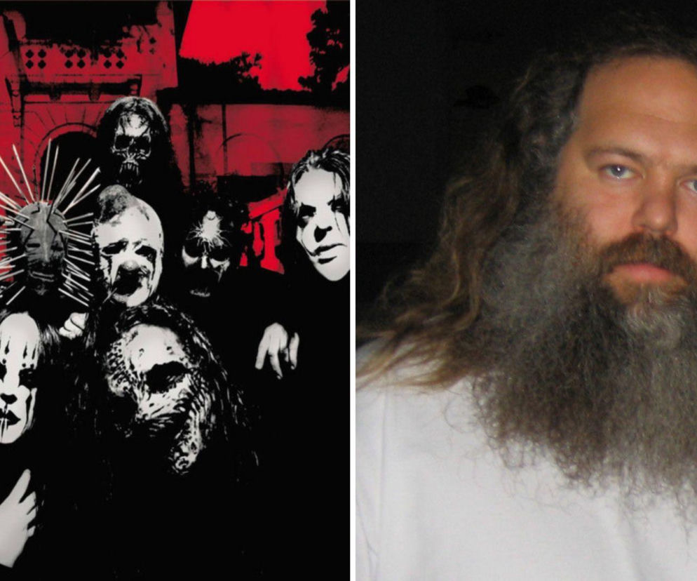 Zespół Slipknot w maskach na tle czerwonego budynku. Obok Rick Rubin. O ich współpracy przeczytasz na EskaRock.