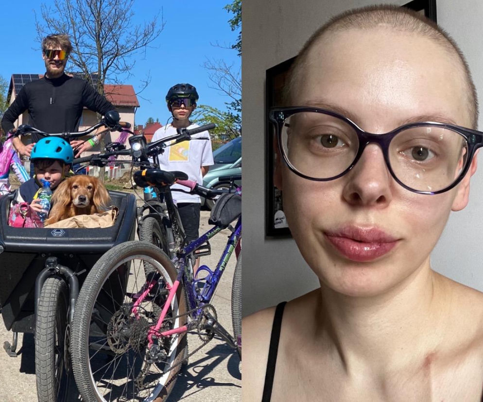 Po prawej Marcelina w okularach. Obok zdjęcie Kuby z trójką dzieci na rowerach. O zbiórce przeczytasz na SE.