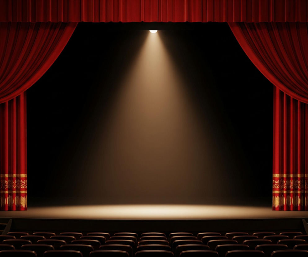 Scena teatru oświetlona jest pojedynczym, skupionym snopem światła, padającym z góry na centralną część proscenium, tworząc owalną plamę jasności na podłodze. Po bokach sceny, ciężkie, karminowe zasłony z bogatymi, złotymi wzorami są odciągnięte, odsłaniając ciemne tło. Po obu stronach widoczne są fragmenty lóż, bogato zdobione złoconymi sztukateriami oraz kinkietami z zapalonymi świecami, natomiast w dolnej części obrazu znajduje się pusta widownia z rzędami ciemnych foteli.