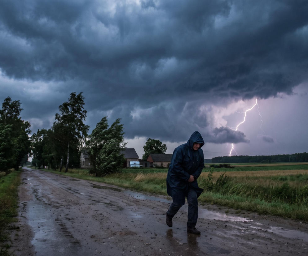 Mężczyzna w płaszczu przeciwdeszczowym idzie drogą podczas burzy z piorunami. O alertach IMGW i RCB przeczytasz w Eska.