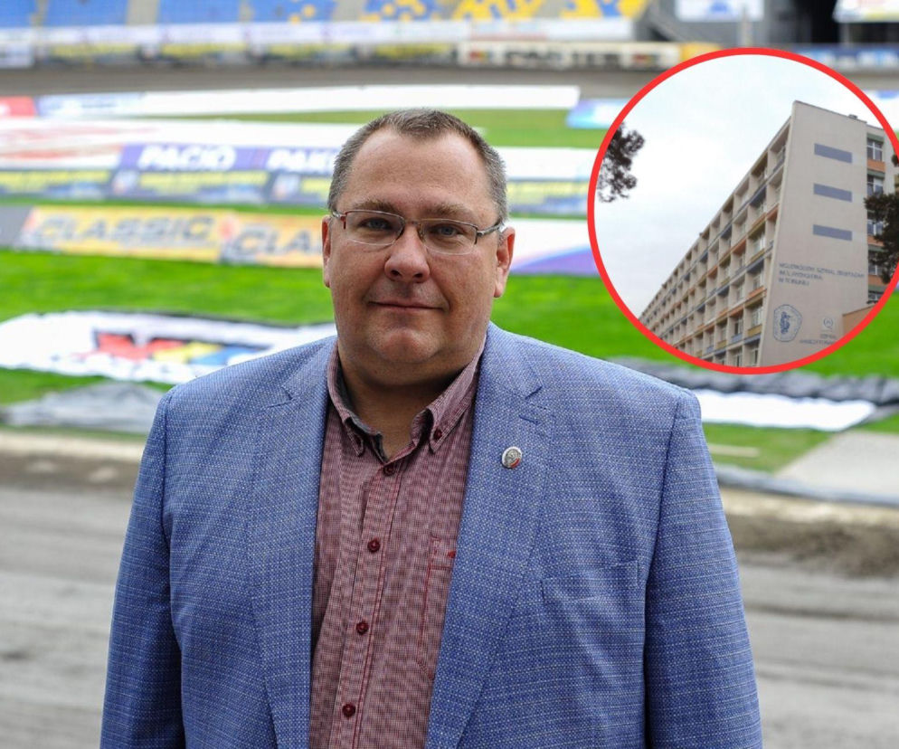 Przemysław Termiński na tle stadionu. Na miniaturze budynek szpitala w Toruniu. O sporze z lekarzami przeczytasz na SE.
