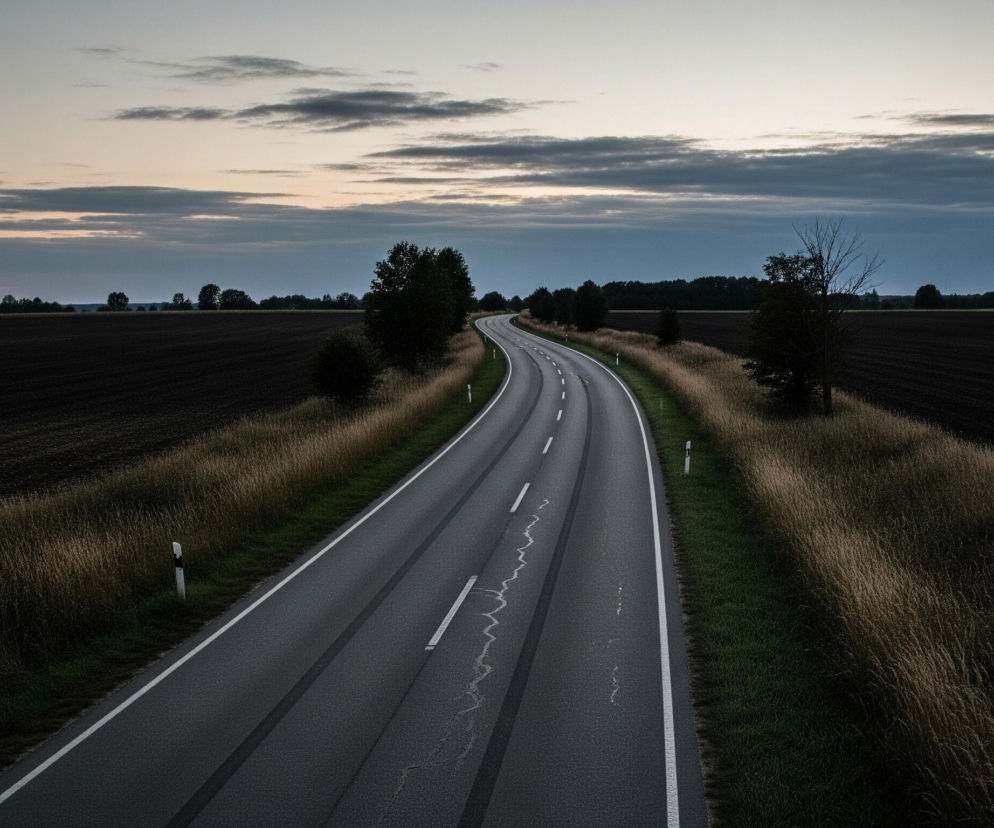 Asfaltowa droga wijąca się łagodnie w kształcie litery „S” dominująco przecina kadr, od dolnej krawędzi aż po horyzont. Po obu stronach drogi rozciągają się pola, ciemnobrązowe, puste i zaorane, a tuż przy niej rośnie wysoka, sucha trawa w odcieniach złocistego brązu, przechodząca w zieleń bliżej asfaltu. Przy drodze, w regularnych odstępach, widać białe słupki drogowe z czarnymi naklejkami, a także pojedyncze, ciemne drzewa, tworzące również linię horyzontu. Niebo jest częściowo zachmurzone, z pasmami chmur od jasnego różu i bieli po ciemny granat, sugerujące schyłek dnia.