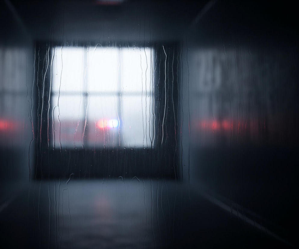 Ciemny korytarz lub przejście, oglądane przez wilgotną szybę. Wzdłuż ścian, biegnących symetrycznie po obu stronach, widoczne są smugi wody i liczne krople, tworzące pionowe, nieregularne linie. Na końcu korytarza znajduje się okno, przez które widać jasne, rozmyte światło z zewnątrz. W centralnej części okna, w dolnej połowie, widoczne są rozmazane, migoczące światła w kolorach czerwonym i niebieskim, sugerujące światła alarmowe. Po prawej stronie korytarza, w tle, można dostrzec niewyraźne, czerwone odblaski.