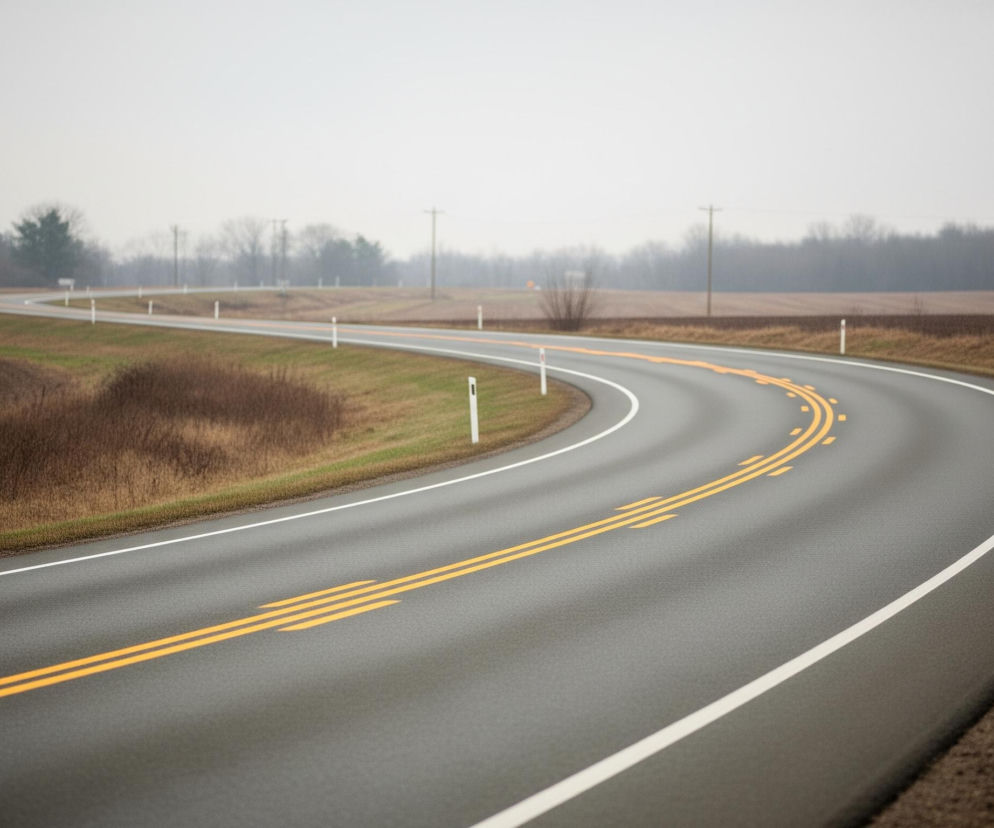 Widoczna jest kręta asfaltowa droga biegnąca przez otwarty teren pod pochmurnym, jasnym niebem. Droga ma po dwa podwójne, żółte pasy na środku i białe linie krawędziowe po obu stronach; na łukach widoczne są dodatkowe żółte strzałki kierunkowe. Wzdłuż prawego pobocza i w oddali po lewej stronie drogi rozmieszczone są biało-czerwone słupki odblaskowe. Po obu stronach drogi rozciągają się pola z brązową, suchą trawą i zaoraną ziemią, a w tle widać ciemny pas drzew bez liści, miejscami przerywany pojedynczymi, nagimi drzewami oraz kilkoma słupami linii energetycznych.