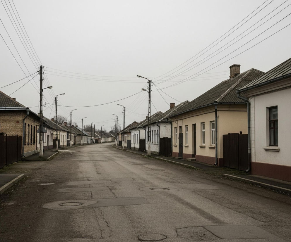 Ulica o szarym asfalcie, z widocznymi łatami i okrągłymi włazami, biegnie przez centrum kadru, rozciągając się w dal. Po obu stronach drogi stoją szeregi domów, zbudowanych z cegły lub tynku w różnych odcieniach bieli, beżu i jasnożółtego, często z ciemnobrązowymi lub ceglastymi cokołami oraz brązowymi drzwiami i oknami. Dachy domów pokryte są szarymi, pofalowanymi płytami, a nad nimi na tle jednolicie szarego nieba rozciągają się liczne czarne kable elektryczne podtrzymywane przez słupy z lampami ulicznymi.