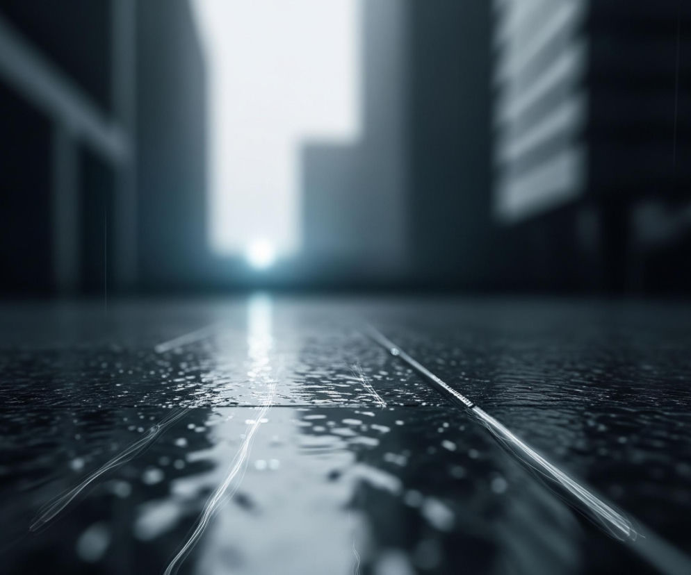 Ciemna ulica z mokrą, czarną nawierzchnią pokrytą drobnymi kroplami wody dominuje na pierwszym planie, odzwierciedlając światło z oddali. Na środku ulicy, proste, jasne linie tworzą perspektywę prowadzącą do horyzontu. W tle widoczne są zarysy wysokich, ciemnych budynków, które stają się jaśniejsze ku górze, a między nimi, w oddali, rozjaśnia się punktowe źródło światła. Całość utrzymana jest w chłodnej tonacji szarości i błękitu, z elementami przypominającymi smugi deszczu.