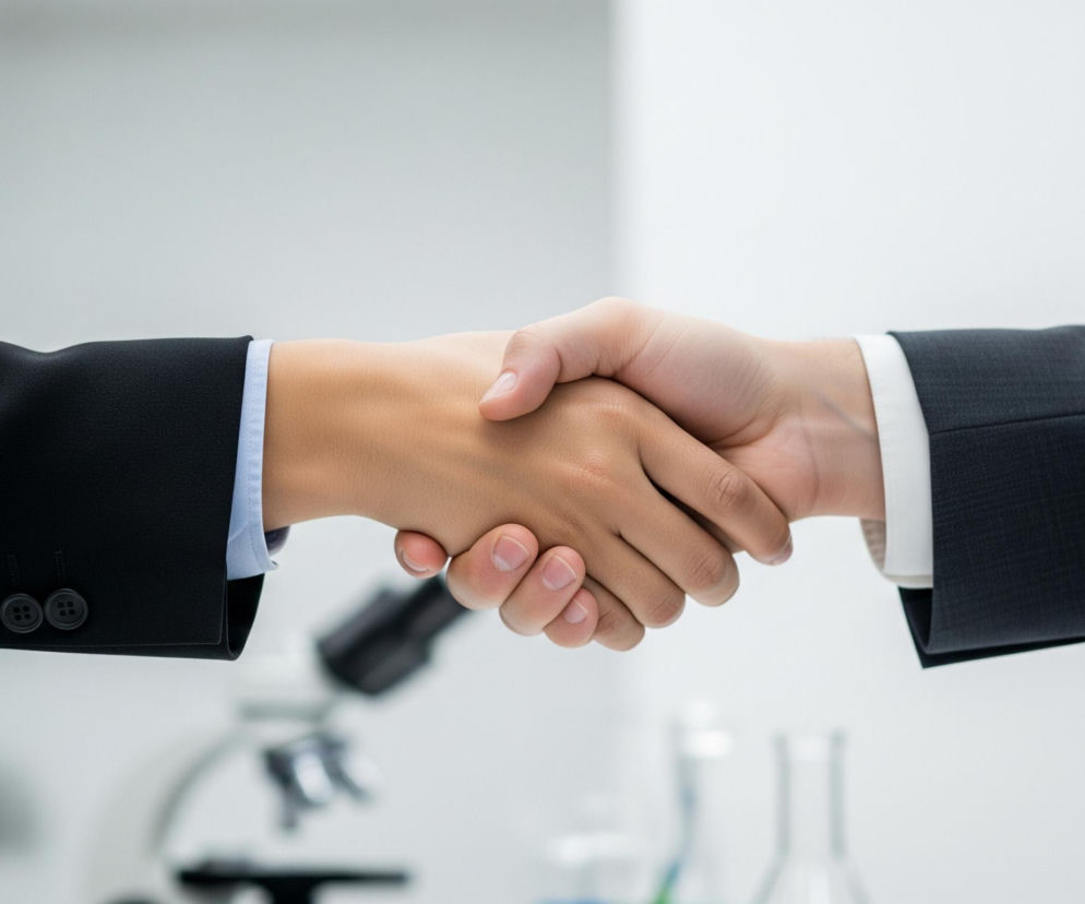 Dwie dłonie uściślają się na tle rozmytego wnętrza laboratorium. Lewa dłoń ma ciemniejszą karnację i nosi mankiet jasnoniebieskiej koszuli oraz ciemną marynarkę z trzema guzikami. Prawa dłoń jest jaśniejsza, a jej właściciel nosi białą koszulę i ciemną marynarkę. W tle widać rozmyty mikroskop i probówki.