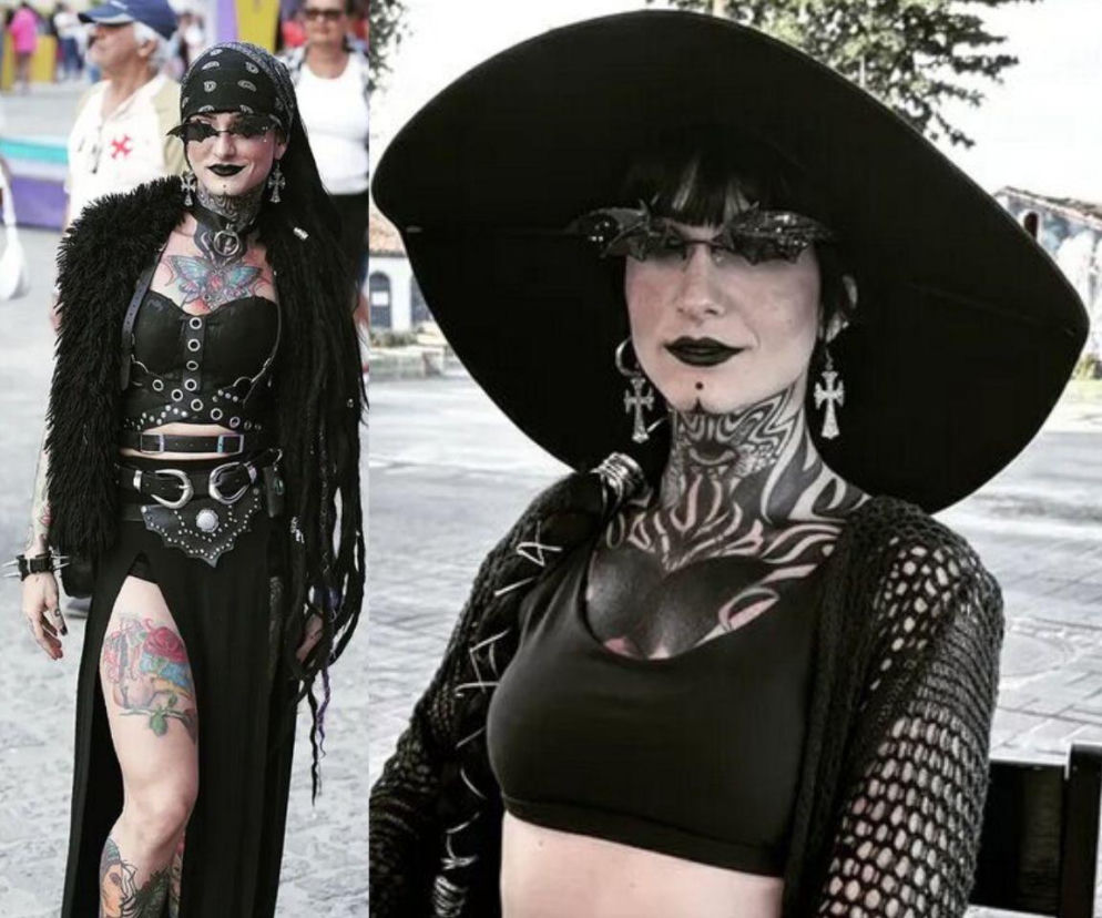 Influencerka Ulissias Marcelli w gotyckich strojach. Obok jej zbliżenie w kapeluszu. O tragedii przeczytasz w Eska.