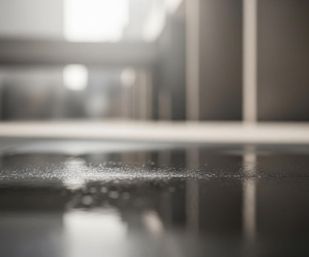 Płyta chodnikowa pokryta drobnymi kroplami wody dominuje na pierwszym planie, jej ciemna powierzchnia odzwierciedla rozmazane, jasne plamy światła z oddali. Tło rozciąga się w długi korytarz lub przestrzeń wewnętrzną, gdzie białe, prostokątne otwory emitują jasne światło, tworząc kontrast z szarawymi ścianami i filarami. Głęboka perspektywa i rozmycie dalszych obiektów sugerują niską głębię ostrości, skupiając uwagę na teksturze nawierzchni.