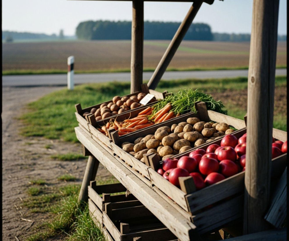 Drewniany stragan wiejski z warzywami i owocami przy drodze. Skrzynki pełne marchewek z nacią, ziemniaków oraz czerwonych jabłek symbolizują sprzedaż bezpośrednią, o której przeczytasz na Super Biznes. Scena ukazuje rolniczy handel detaliczny jako alternatywę dla skupów.