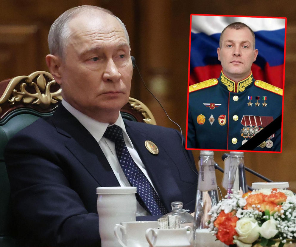 Władimir Putin przy stole. Na miniaturze Anton Grunis w mundurze z kirem. O śmierci generała przeczytasz na Eska.