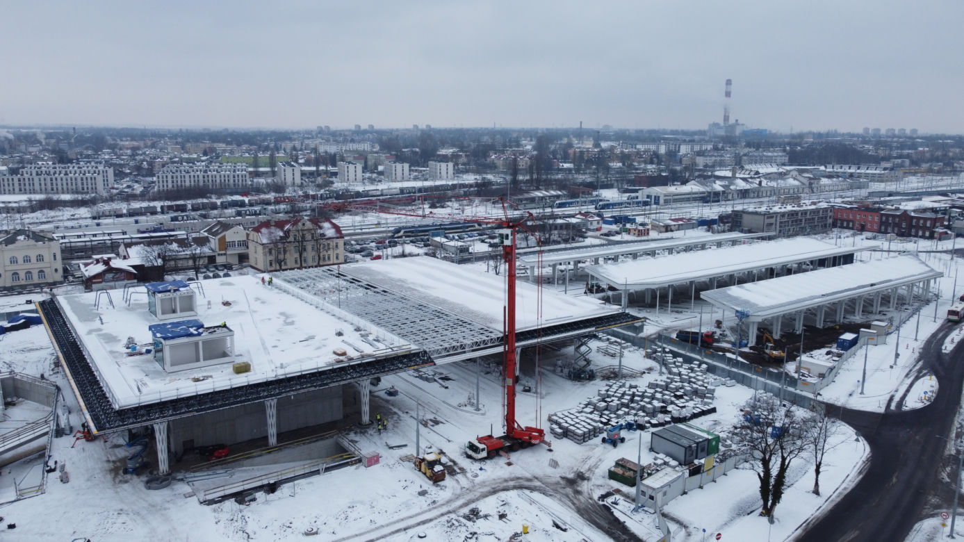 Budowa Dworca Metropolitalnego w Lublinie w zimowej odsłonie