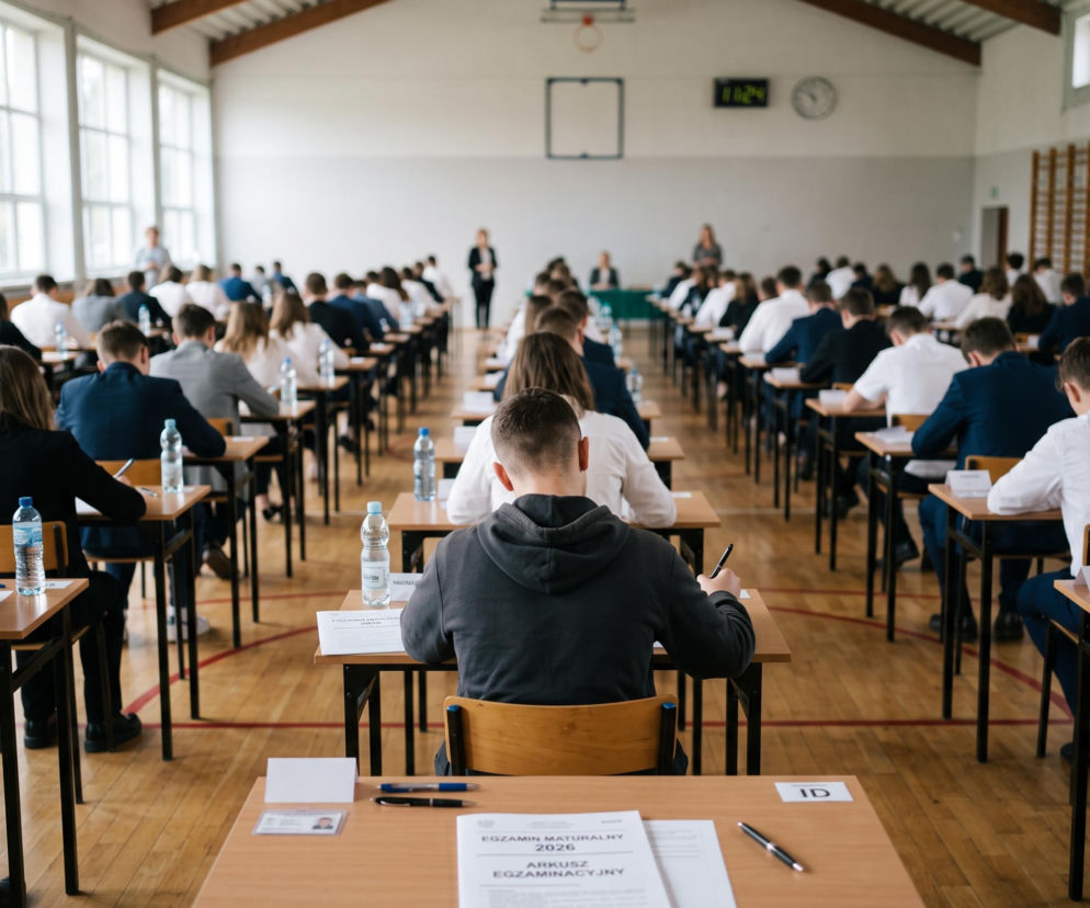 Uczniowie piszący maturę w sali gimnastycznej. O wynikach egzaminów w Radomiu przeczytasz na Eska.