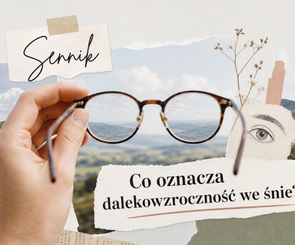 Ręka trzymająca okulary na tle krajobrazu. Na miniaturze obok oko. O senniku i dalekowzroczności przeczytasz na SE.