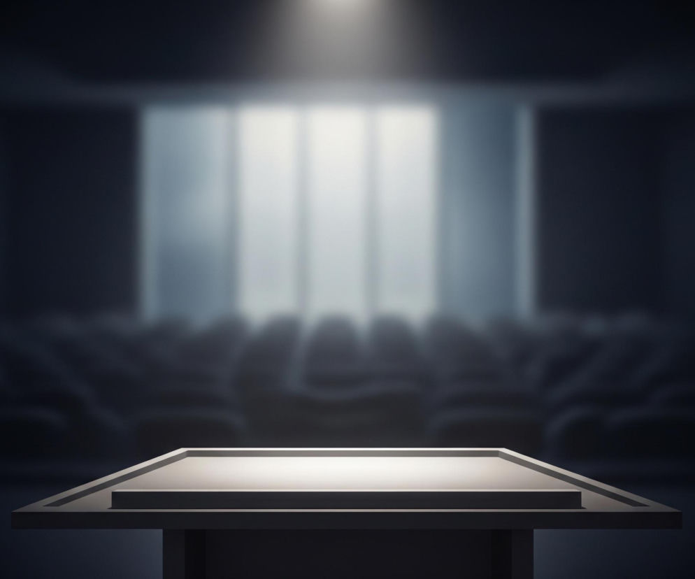 Na pierwszym planie widoczny jest szary, prostokątny pulpit lub mównica, z białym, podświetlonym blatem. Światło z góry oświetla centralny punkt pulpitu, tworząc jasną plamę. Tło jest rozmyte i ciemne, przedstawiające rzędy ciemnych siedzeń w dużym pomieszczeniu, przypominającym salę wykładową lub kinową. W oddali widać jasne, pionowe pasy, prawdopodobnie okna lub panele ścienne, z delikatnym światłem przebijającym się od zewnątrz. Cała scena utrzymana jest w chłodnej tonacji szarości i błękitu, z dominacją cienia i punktowego oświetlenia.