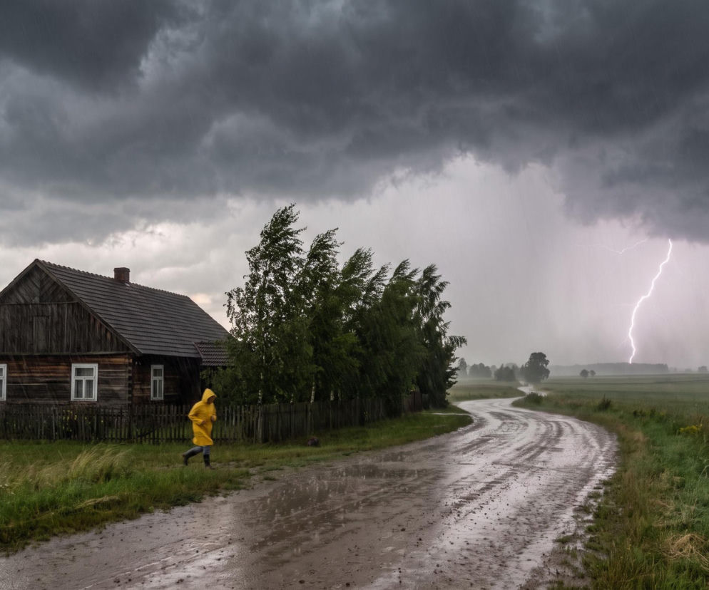 Osoba w żółtym płaszczu biegnie obok chaty podczas burzy z piorunami. O alertach pogodowych czytaj w Eska.