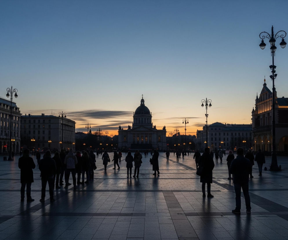 Szeroki kadr ukazuje miejski plac o zmierzchu, dominują ciemne sylwetki ludzi i budynków na tle nieba, które przechodzi od głębokiego błękitu na górze do jasnego pomarańczowo-żółtego horyzontu. Na pierwszym planie widoczna jest duża grupa ludzi, głównie w ciemnych ubraniach, ich cienie rozciągają się po brukowanym placu. W tle rozciąga się panorama budynków, z czego centralne miejsce zajmuje budowla z kopułą, a po prawej stronie widać podświetlony budynek z arkadami i licznymi oknami. Całość oświetlają nieliczne, rozproszone źródła światła z budynków i latarni ulicznych, tworząc kontrast między jasnym horyzontem a ciemnymi, zarysowanymi sylwetkami.