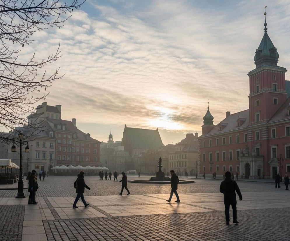 Rozległy, brukowany plac miejski oświetlony jest ciepłym światłem zachodzącego lub wschodzącego słońca, które przebija się przez chmury na bladoniebieskim niebie. Po prawej stronie dominują budynki w odcieniach czerwieni i brązu z zielonymi dachami i wieżami, z których jeden ma spiczastą, miedzianą kopułę. Na lewym pierwszym planie widoczne są gałęzie drzew bez liści, a za nimi kamienice o jasnych fasadach. Po placu przechadza się wiele sylwetek ludzkich w ciemnych ubraniach, tworząc cienie na bruku, z centralnie umiejscowionym ciemnym pomnikiem na środku.
