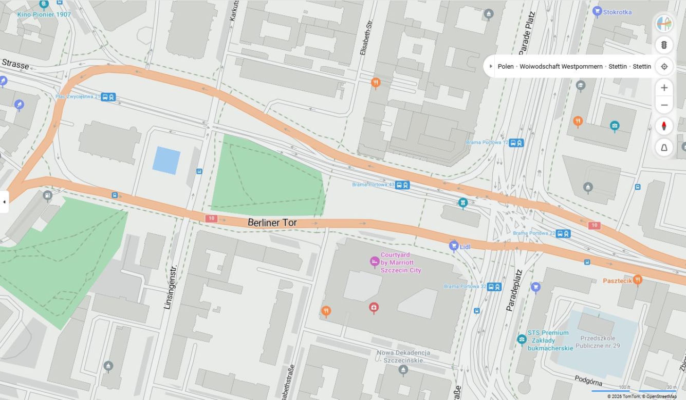 Niemieckie nazwy ulic w Szczecinie na mapach Bing