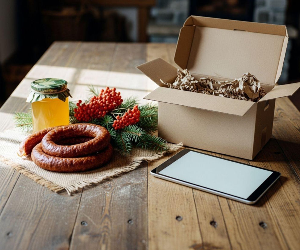 Słoik miodu, czerwone jarzębiny i igliwie obok zwiniętej kiełbasy na jutowym worku. Obok kartonowe pudełko z wypełniaczem i czarny tablet, symbolizujące sprzedaż produktów rolnych online w okresie świątecznym, o czym pisze Super Biznes.