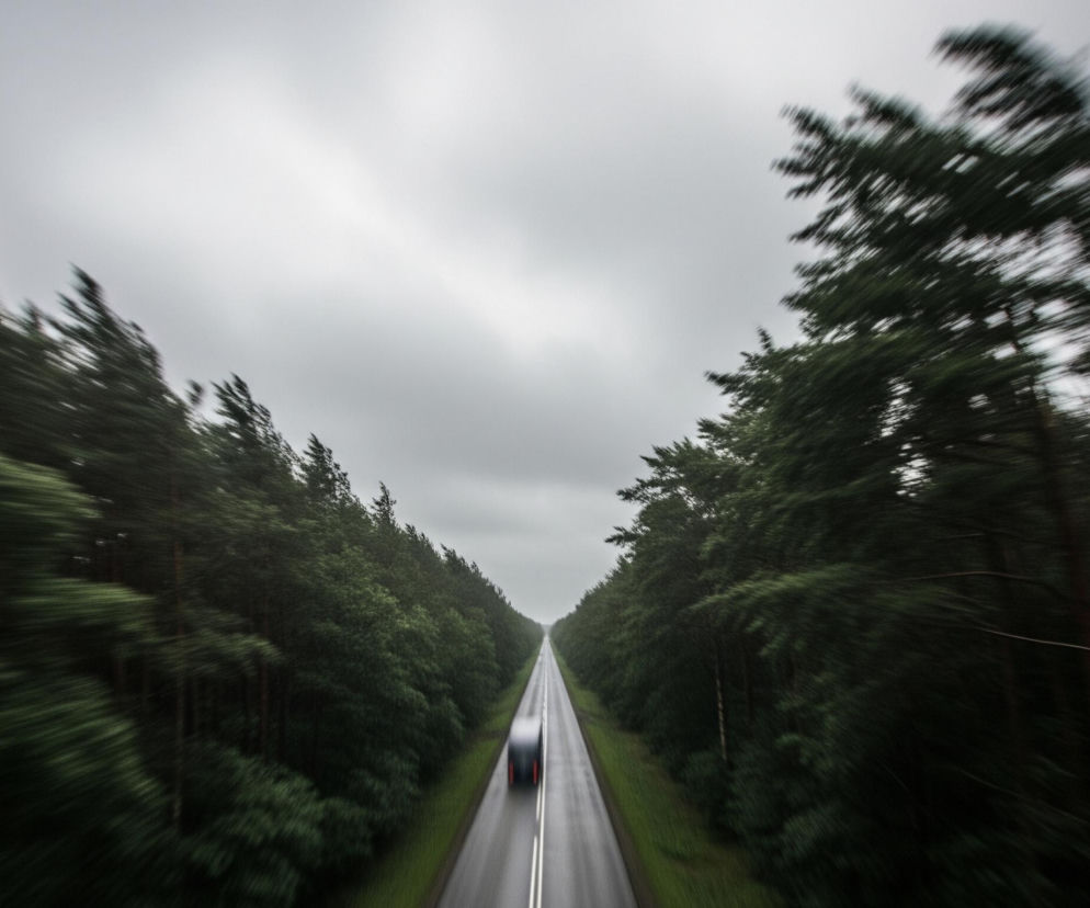Długa, prosta droga biegnie przez środek lasu w dal, a jej mokra, czarna nawierzchnia odbija światło. Pojedynczy ciemny samochód z widocznymi czerwonymi światłami tylnymi oddala się w perspektywie, rozmywając się od ruchu. Po obu stronach drogi rosną gęste, zielone drzewa, które również są rozmyte, co podkreśla wrażenie szybkości, podczas gdy pochmurne, szare niebo tworzy tło.