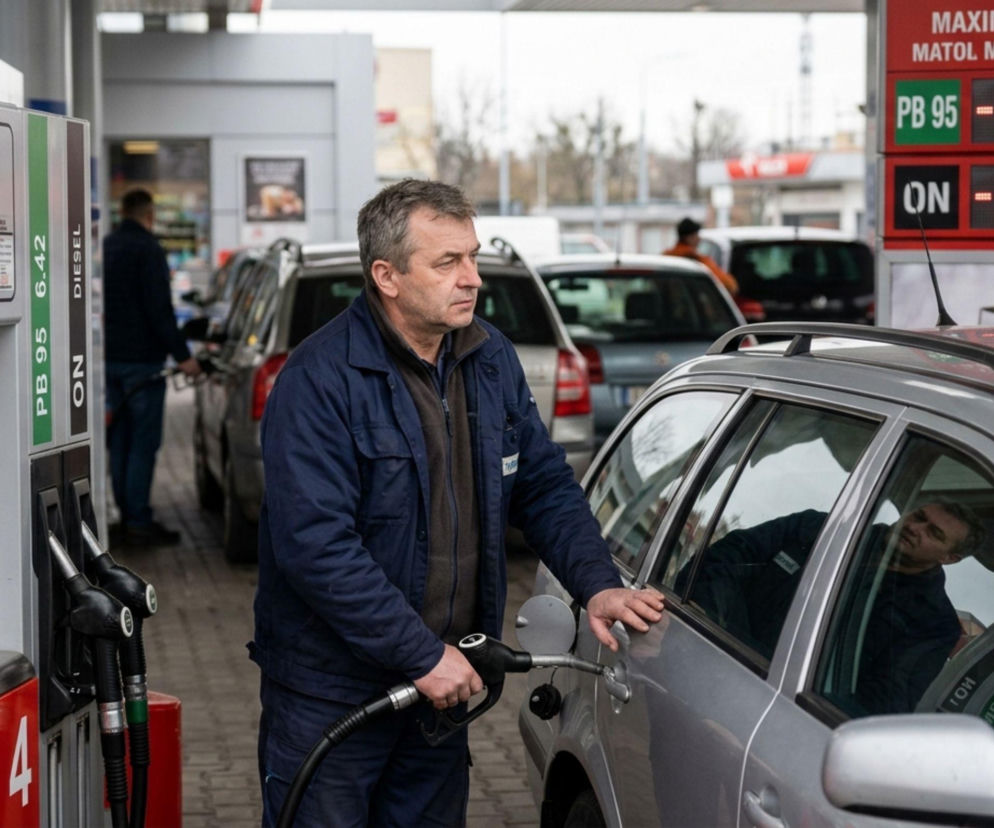 Mężczyzna tankujący samochód na stacji paliw, obok dystrybutora i tablicy z cenami. Widoczne maksymalne limity cen paliw, które są przedłużane. Więcej o aktualnych regulacjach cen przeczytasz na portalu Super Biznes.