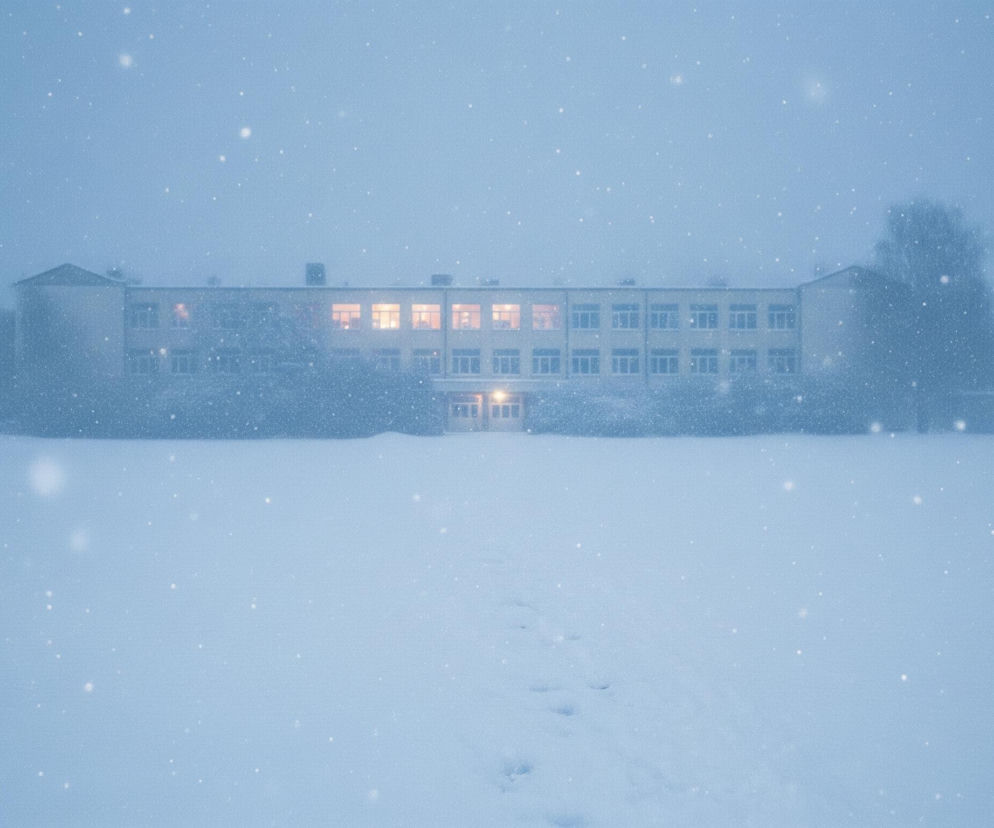 Duży, dwupiętrowy budynek w pastelowych odcieniach beżu, z ciemnymi oknami i jasnymi, pomarańczowymi światłami w kilku z nich, stoi na tle nieba w kolorze spłowiałego błękitu. Przed budynkiem rozpościera się szeroki, zasypany świeżym śniegiem teren, a po jego lewej stronie widać samotne, nagie drzewo. Całą scenę przenikają liczne, drobne białe punkty, przypominające padający śnieg.