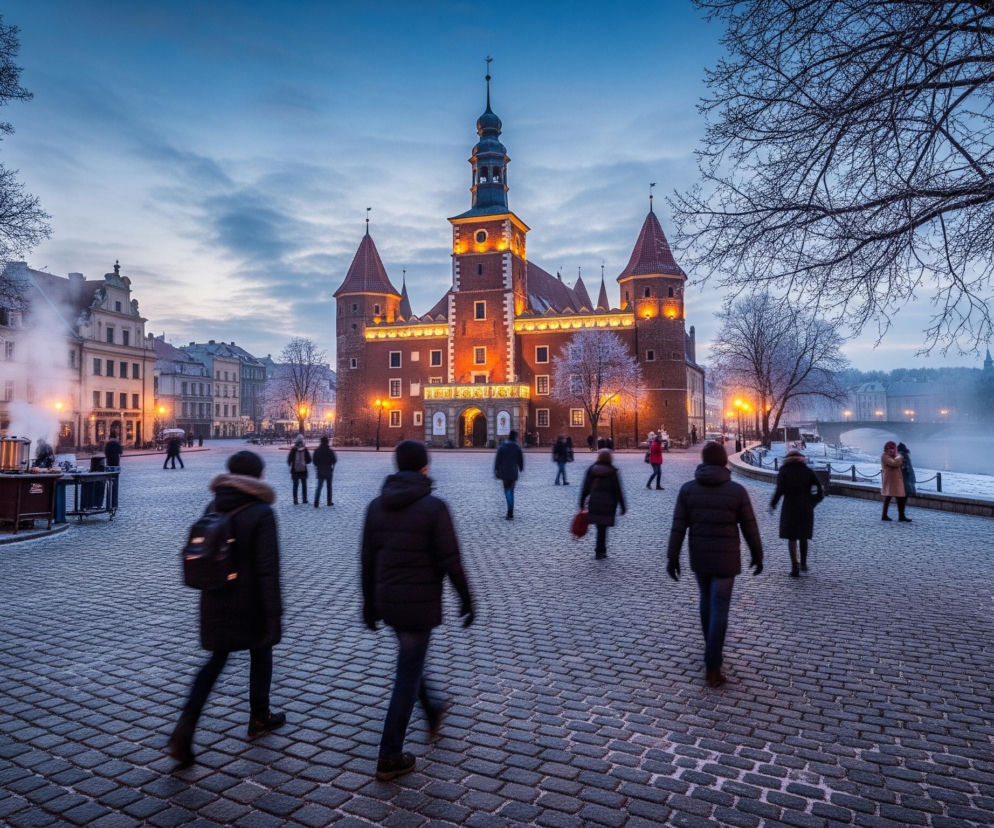 Centralnie na obrazie dominuje ceglany budynek z wysoką wieżą i spiczastym dachem, oświetlony ciepłym, pomarańczowym światłem. Po jego bokach stoją mniejsze, również ceglane wieżyczki z czerwonymi dachami, a fasada jest bogato zdobiona detalami i oświetlonymi oknami, niektóre z nich prezentują jasne, podświetlone napisy lub obrazy. Przed budynkiem rozciąga się brukowany plac, pokryty lekkim, białym szronem, po którym w różnym tempie przemieszcza się grupa ludzi ubranych w zimowe, ciemne kurtki, tworząc efekt rozmycia ruchu.

Po lewej stronie placu widać fragmenty budynków w jasnych kolorach, z których unosi się para lub dym, a także zarys bezlistnych drzew z szronem na gałęziach. Po prawej stronie rozciąga się rzeka lub kanał z zamarzniętą powierzchnią przy brzegu, odbijający pomarańczowe światła latarni, a na jej tle widoczne są dalsze zarysy budynków i drzew. Całość spowija chłodne, niebieskie światło wczesnego wieczoru lub poranka, z widocznym, lekko zachmurzonym niebem.