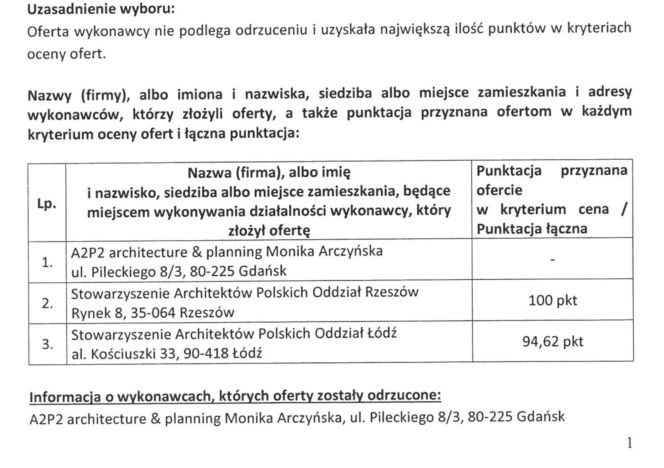 Fragment informacji o wyborze najkorzystniejszej oferty